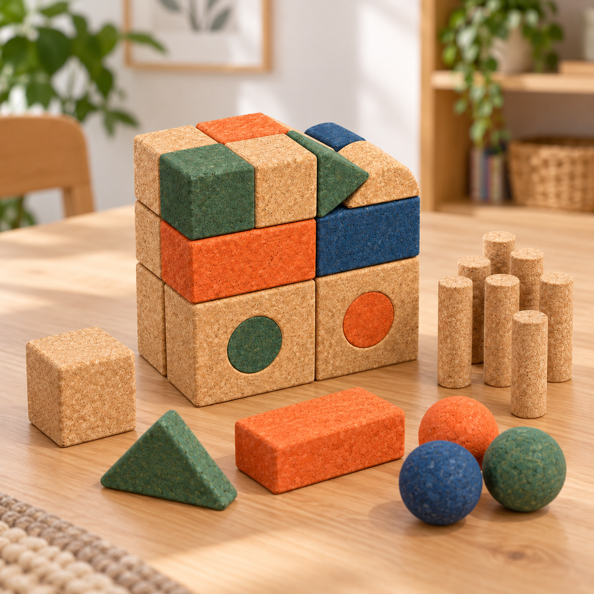 Colored Cork Creative Set Ref. 3450-C — pieces arranged and stacked in a real-use setting