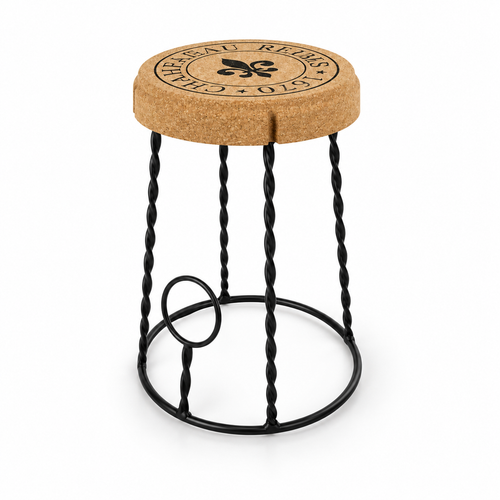 Compact Cork & Metal Stool, angled studio view showing round cork seat, twisted black metal uprights and circular base