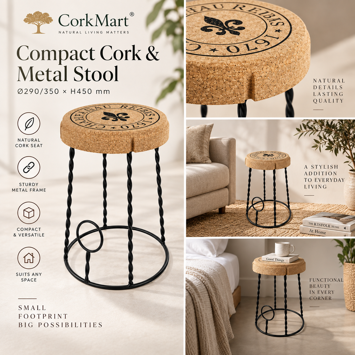 Compact Cork & Metal Stool editorial collage with real use, cork texture, black metal structure and dimensions