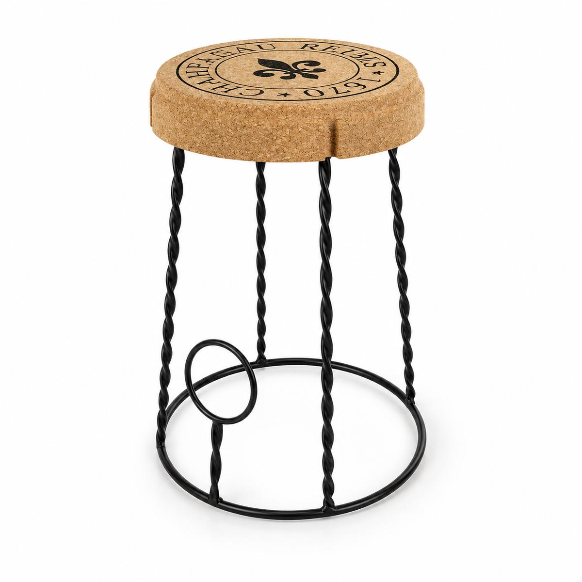 Compact Cork & Metal Stool, Ø290/350 × H450 mm, isolated on white background