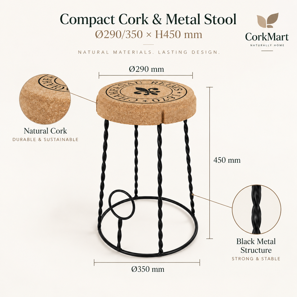 Compact Cork & Metal Stool infographic with dimensions Ø290/350 × H450 mm, natural cork seat and black metal structure
