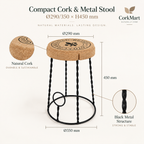 Compact Cork & Metal Stool infographic with dimensions Ø290/350 × H450 mm, natural cork seat and black metal structure