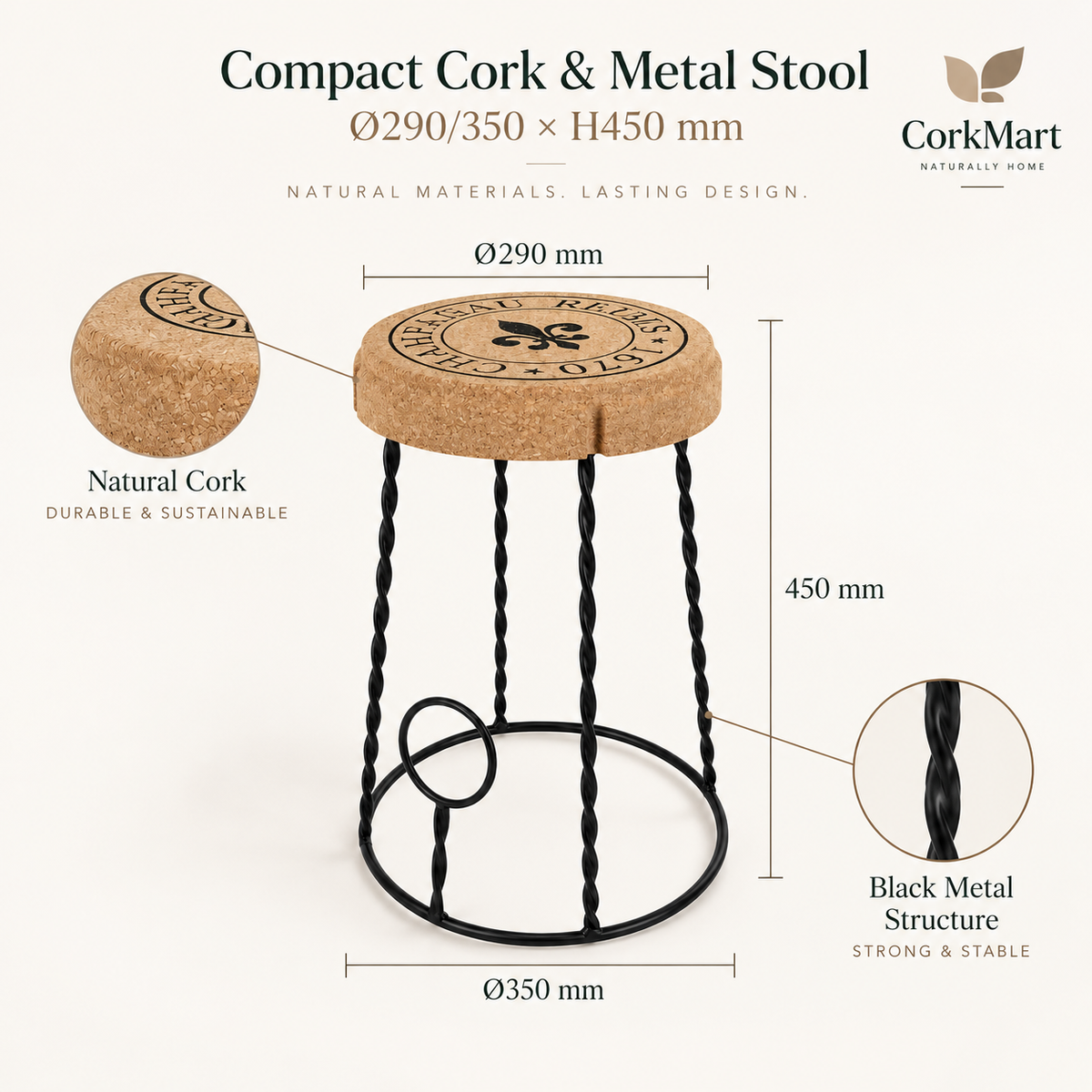 Compact Cork & Metal Stool infographic with dimensions Ø290/350 × H450 mm, natural cork seat and black metal structure