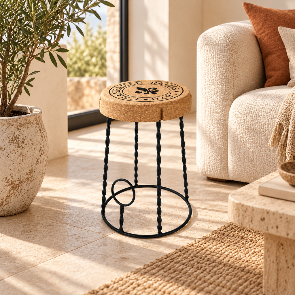 Compact Cork & Metal Stool in a warm Mediterranean-inspired interior