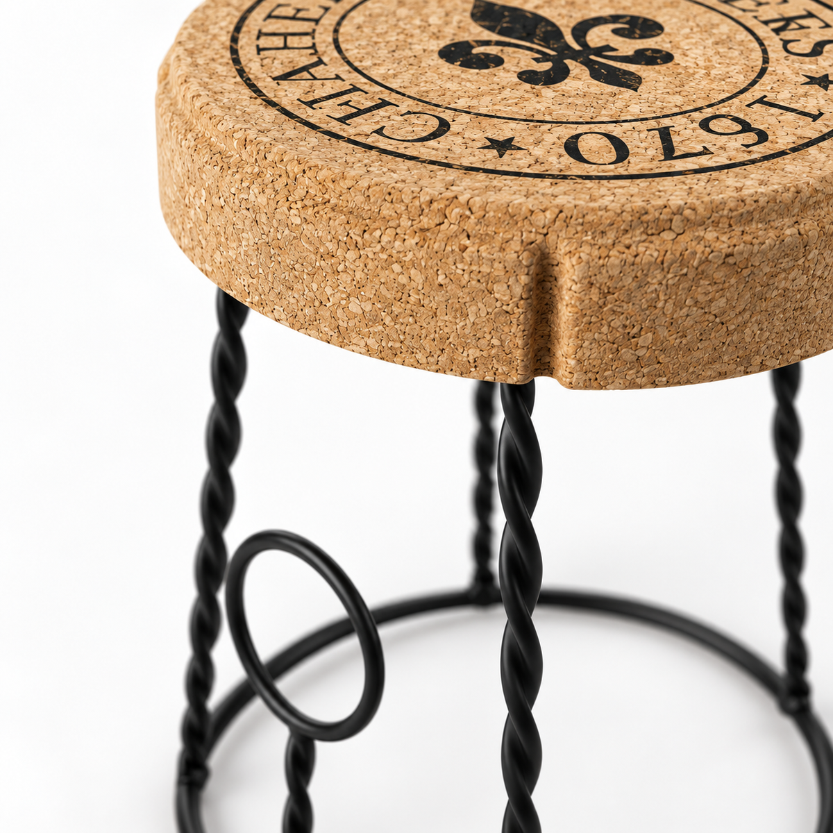 Macro detail of the natural cork seat, decorative top marking and twisted black metal structure