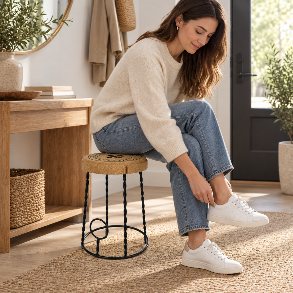 Compact Cork & Metal Stool used as practical seating in a bright entryway