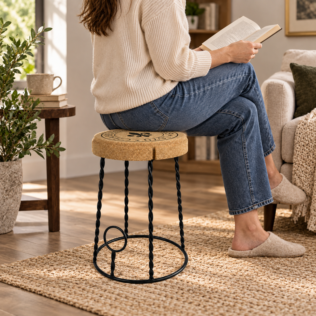 Compact Cork & Metal Stool used as reading seating in a warm living room