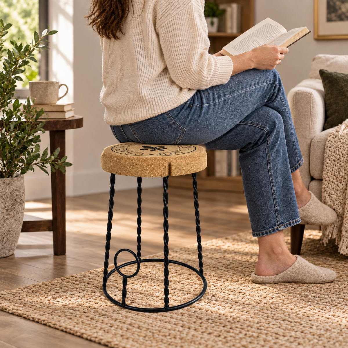 Compact Cork & Metal Stool used as reading seating in a warm living room