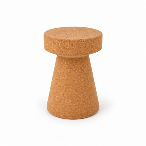 Cone Cork Stool, angled studio view showing the tapered cone base and round seat