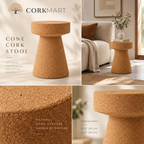 Cone Cork Stool editorial collage with official CorkMart logo, real use, cork texture and dimensions