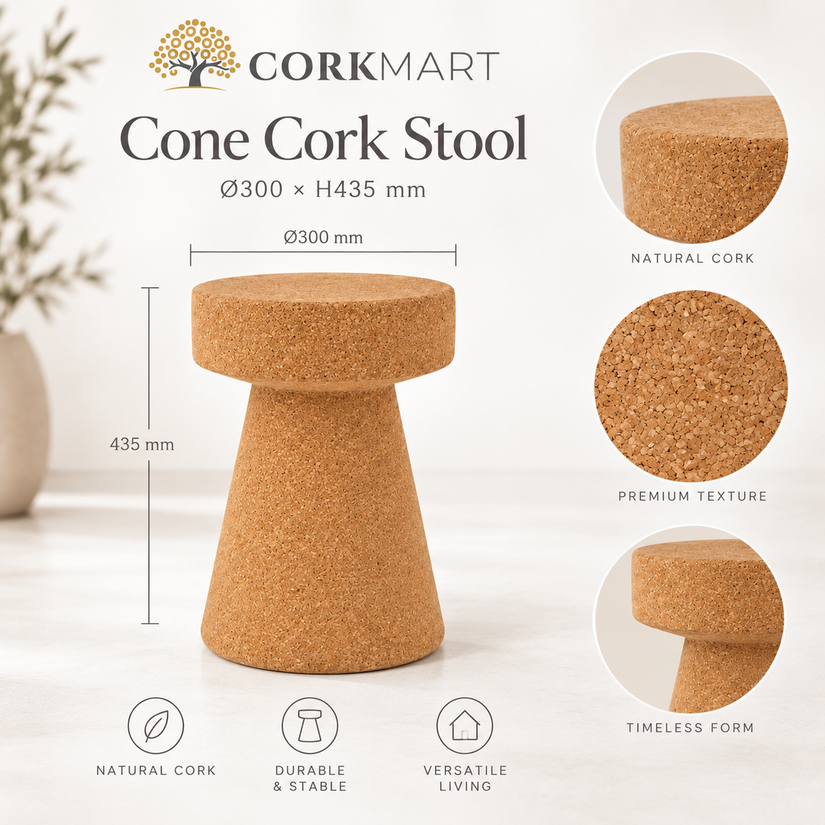 Cone Cork Stool infographic with official CorkMart logo, Ø300 × H435 mm dimensions and natural cork