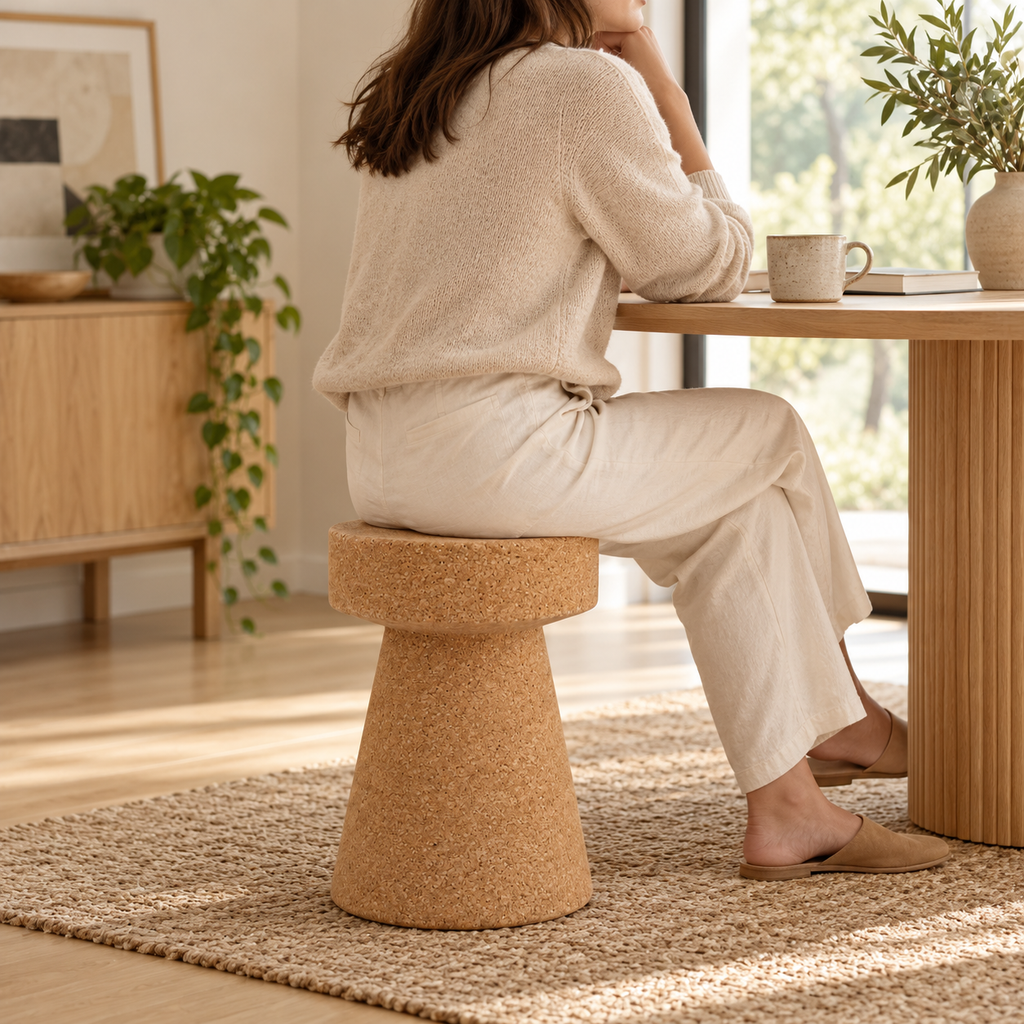 Cone Cork Stool used as everyday seating at a table in a warm minimalist interior