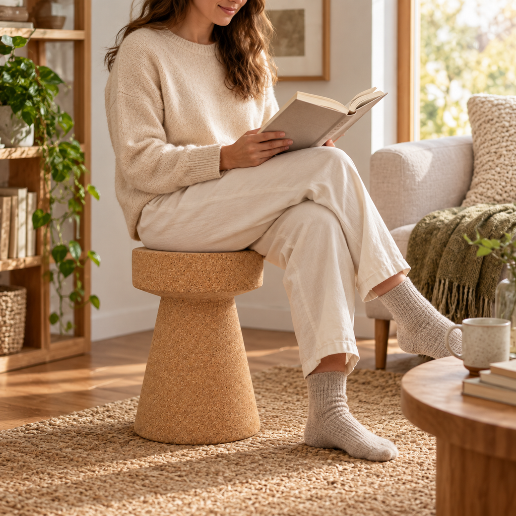 Cone Cork Stool used as reading seating in a comfortable residential setting