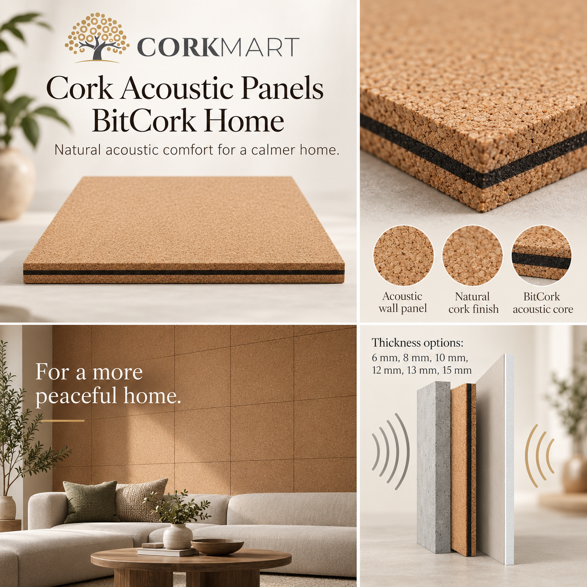 CorkMart editorial collage for Cork Acoustic Panels BitCork Home