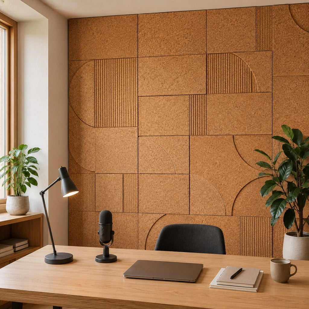 Cork acoustic wall panels installed in a modern office interior