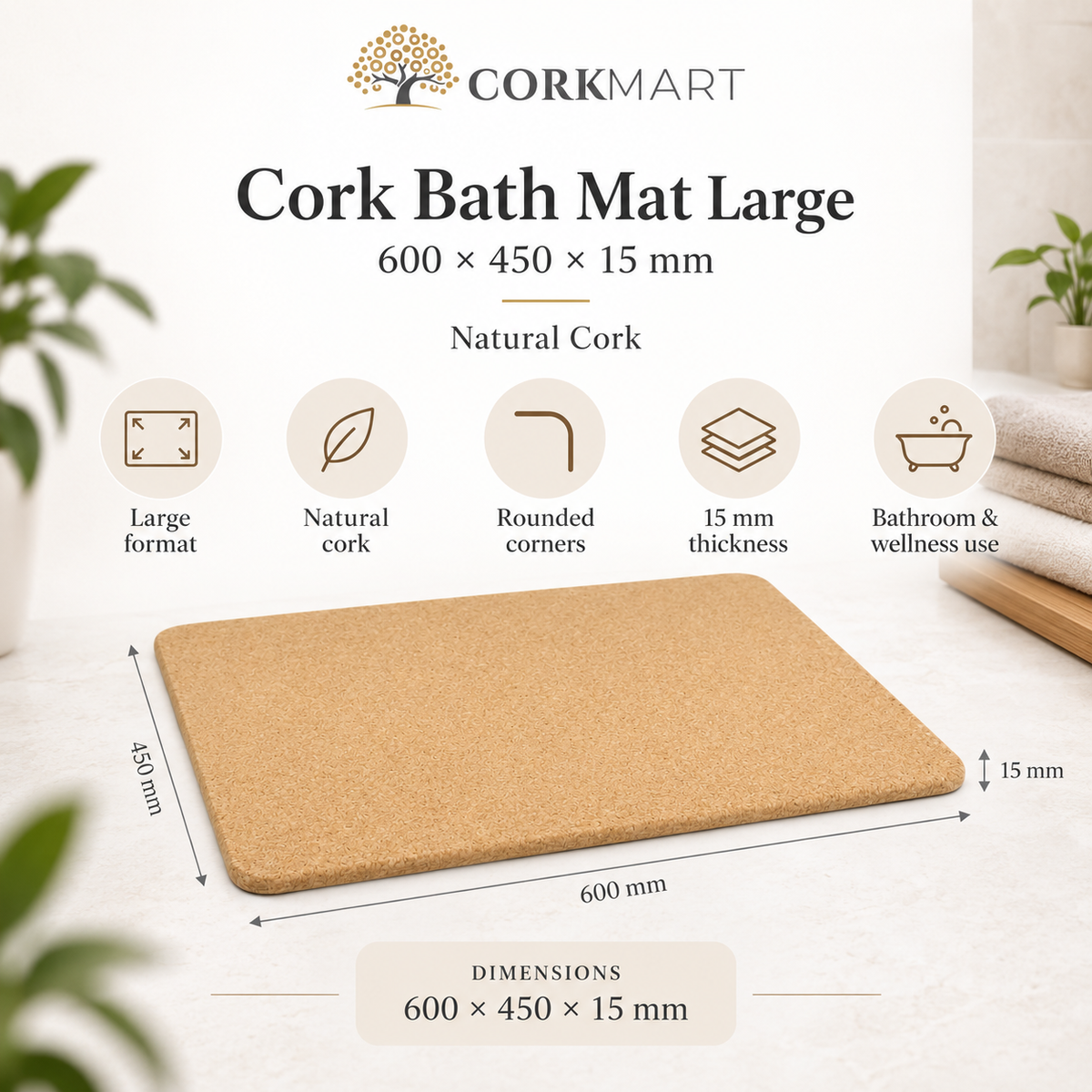 Cork Bath Mat Large infographic with dimensions and features