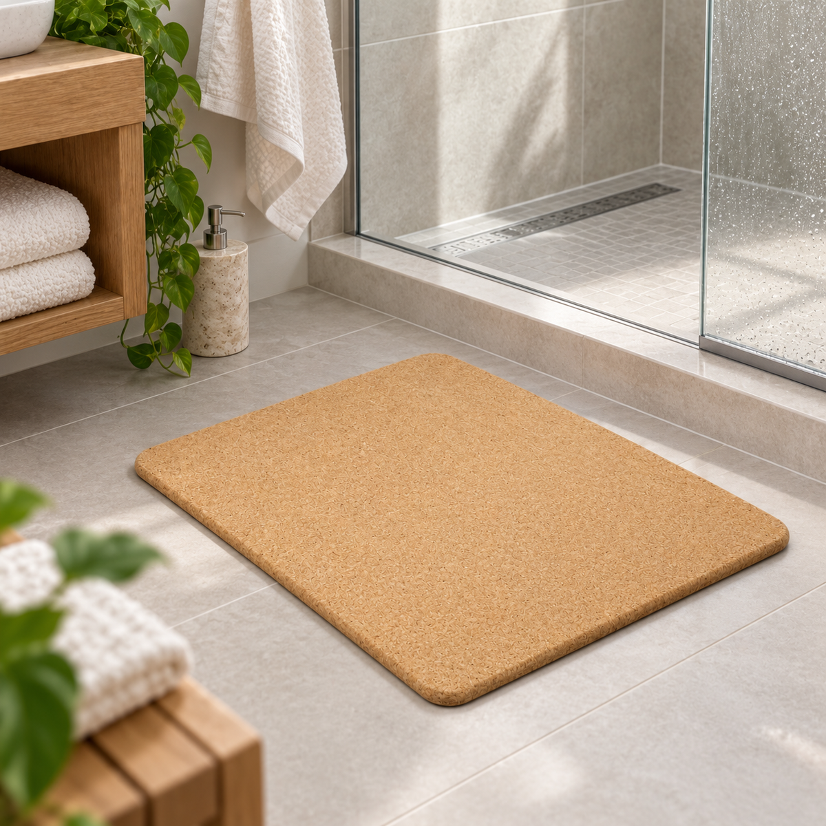Cork Bath Mat Large beside a shower in a modern bathroom