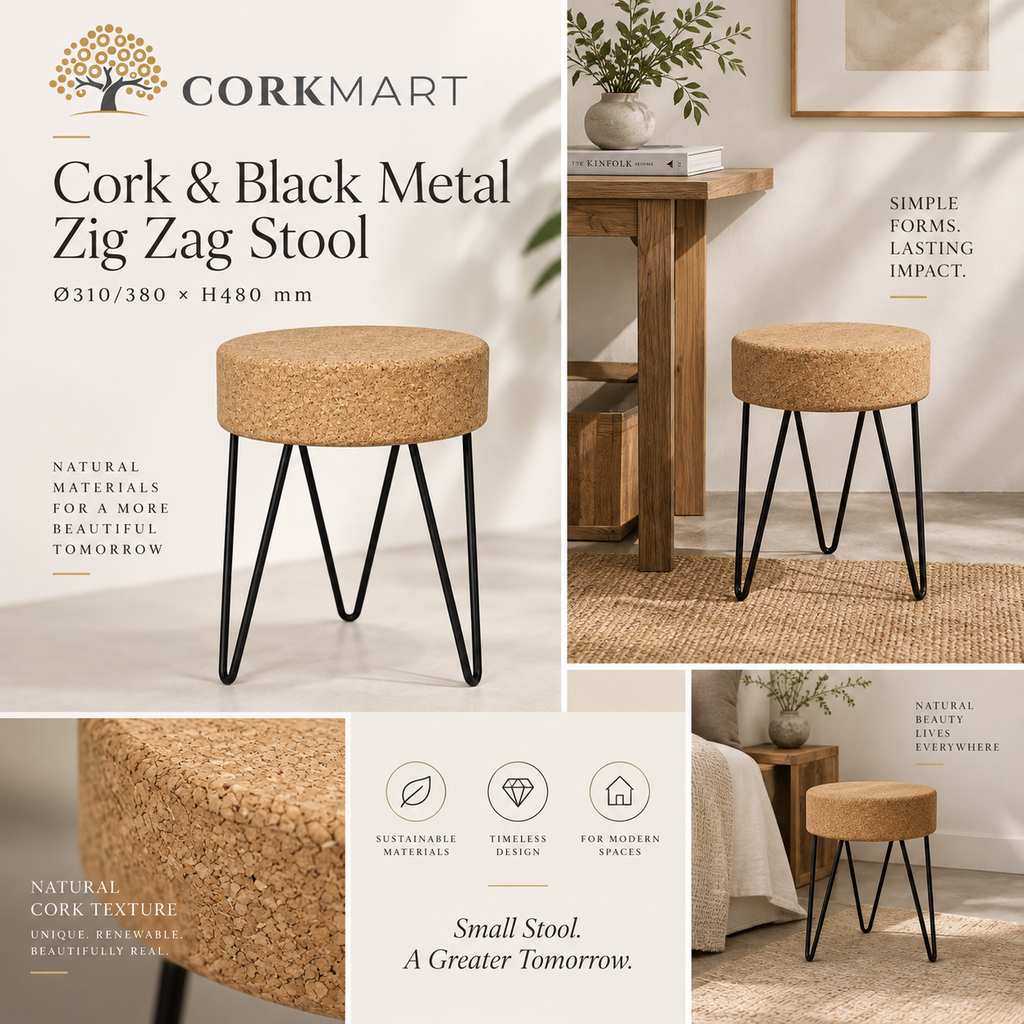 Cork & Black Metal Zig Zag Stool editorial collage with official CorkMart logo, real use, cork texture and dimensions