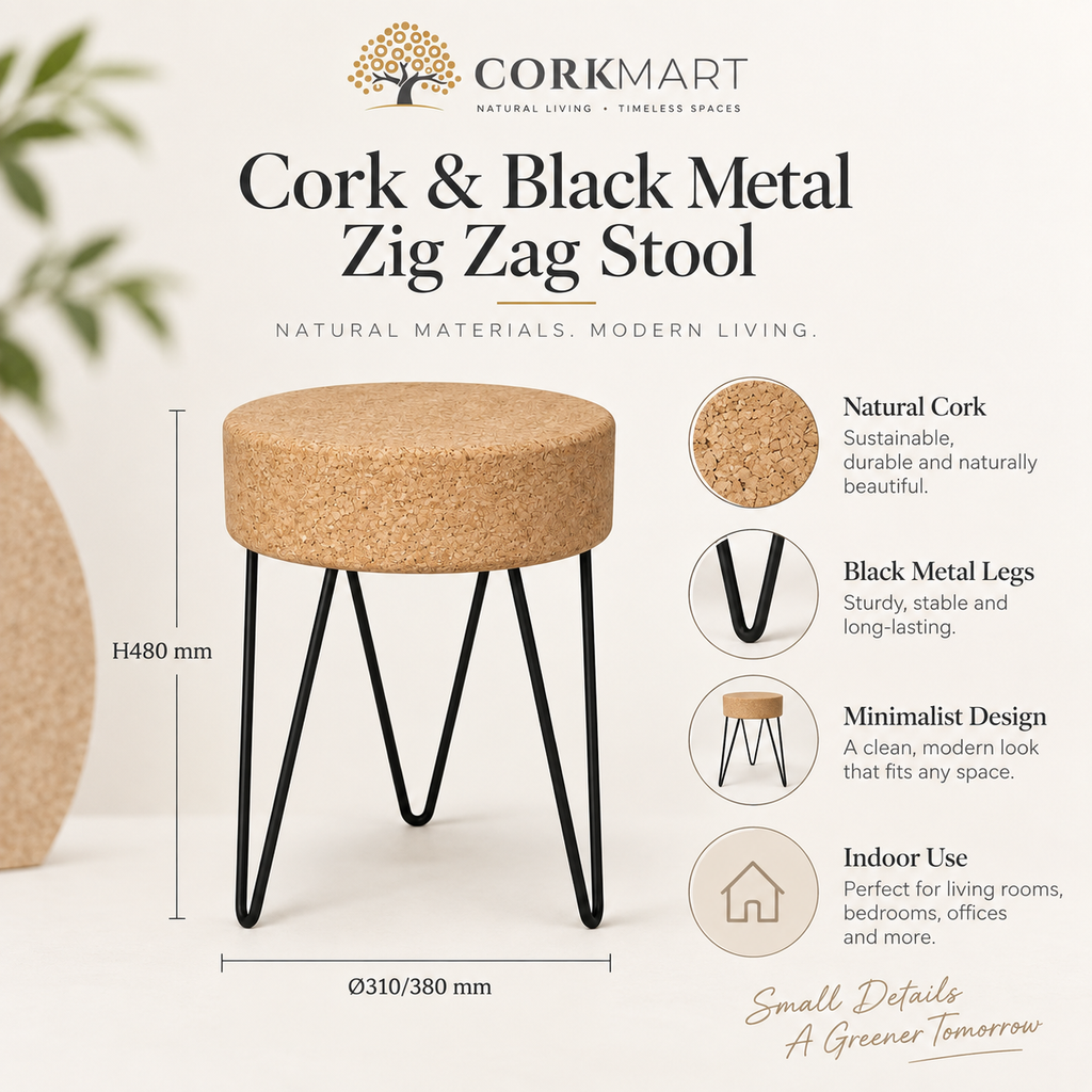 Cork & Black Metal Zig Zag Stool infographic with official CorkMart logo, Ø310/380 × H480 mm dimensions, natural cork and black metal