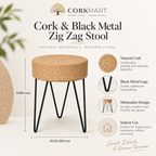 Cork & Black Metal Zig Zag Stool infographic with official CorkMart logo, Ø310/380 × H480 mm dimensions, natural cork and black metal