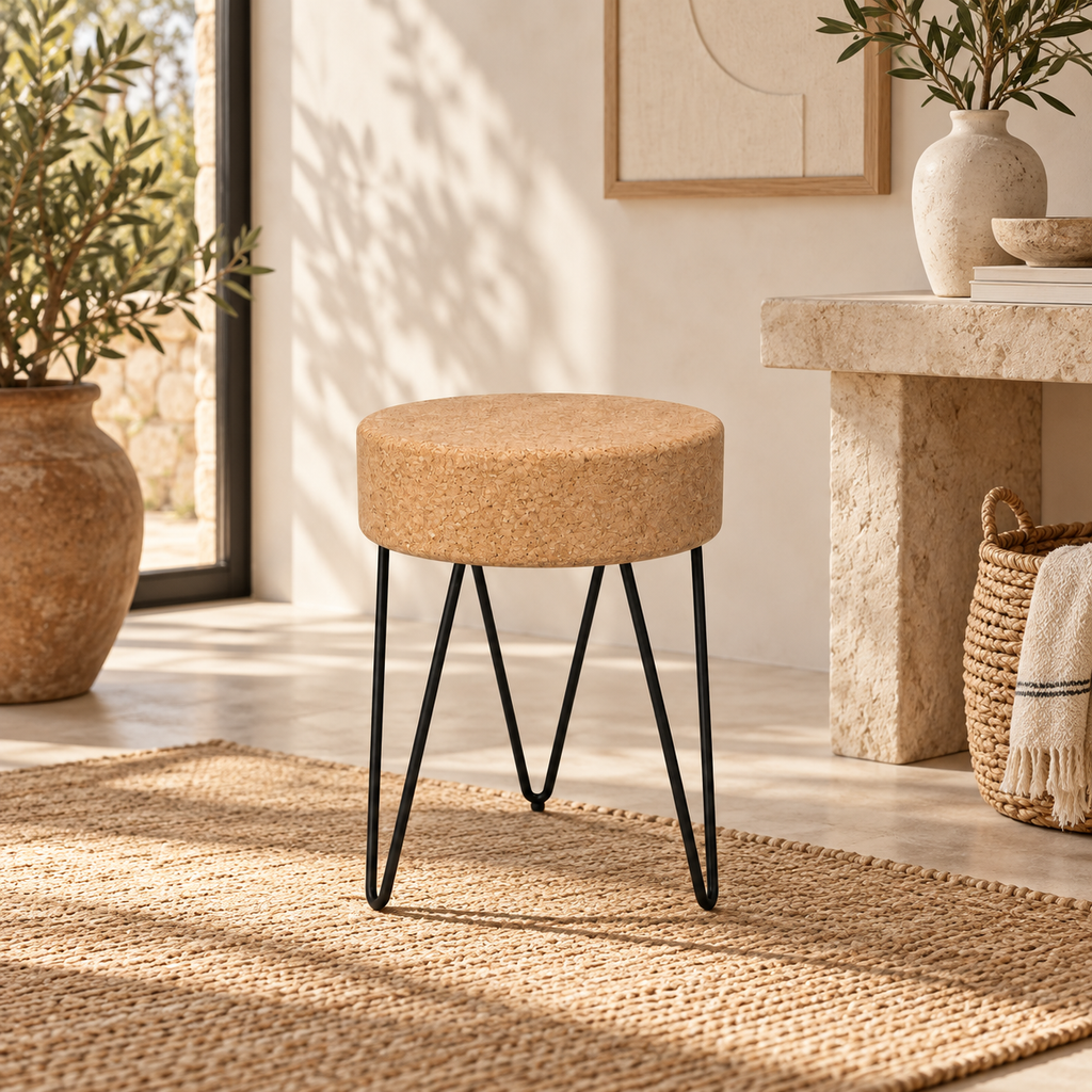 Cork & Black Metal Zig Zag Stool in a warm Mediterranean-inspired interior