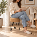 Cork & Black Metal Zig Zag Stool used as seating in a warm reading corner