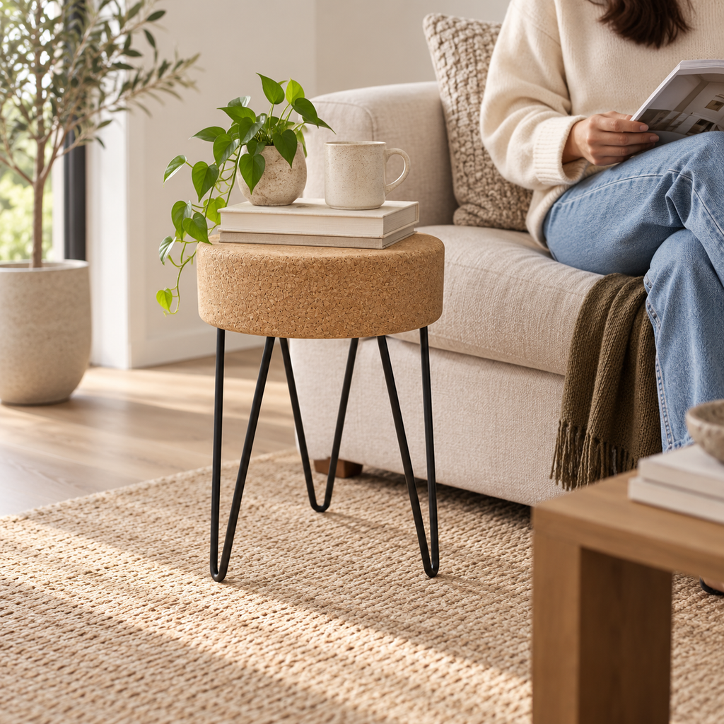 Cork & Black Metal Zig Zag Stool used as a compact side stool in a cozy living room
