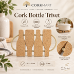 Cork Bottle Trivet product collage with dimensions and material details