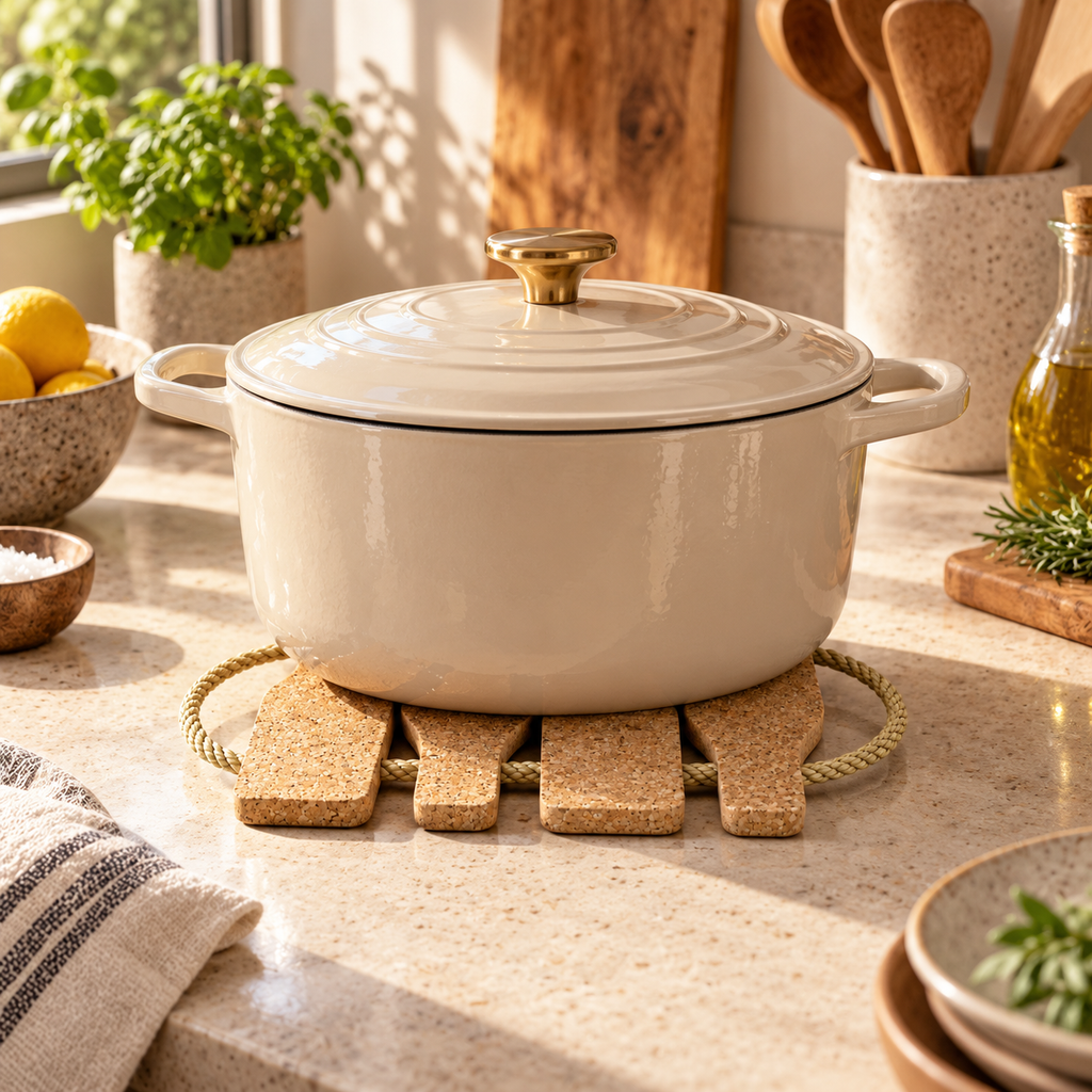 Cork Bottle Trivet supporting a hot casserole in a kitchen