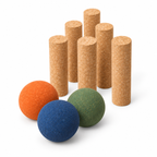 Cork Bowling Set Ref. 3450-B — angled studio view of 3 balls and 6 pins