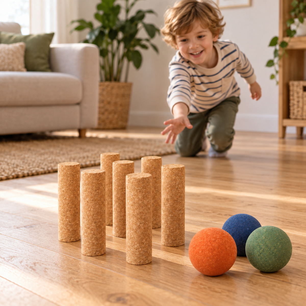 Cork Bowling Set Ref. 3450-B — real-use bowling scene in a living room