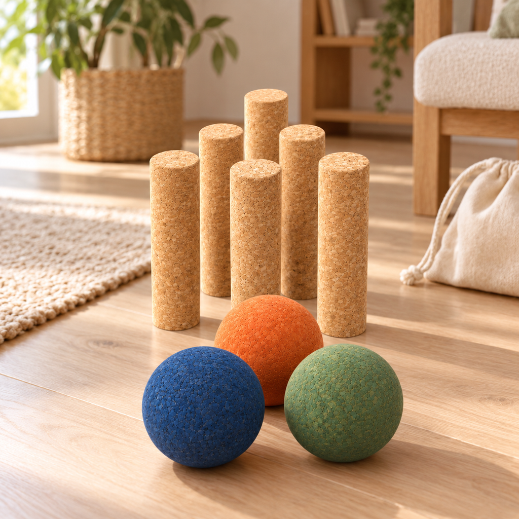 Cork Bowling Set Ref. 3450-B — premium lifestyle scene with cotton storage bag