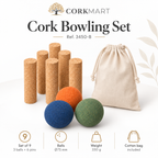 CorkMart infographic — Cork Bowling Set Ref. 3450-B, set of 9, 3 balls Ø75 mm, 330 g, cotton bag included