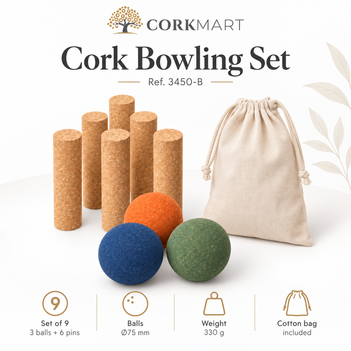 CorkMart infographic — Cork Bowling Set Ref. 3450-B, set of 9, 3 balls Ø75 mm, 330 g, cotton bag included