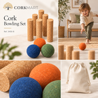 CorkMart editorial collage — Cork Bowling Set Ref. 3450-B with cotton storage bag