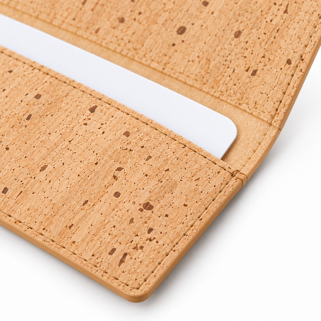 Cork Business Card Holder — macro detail of natural cork fabric, stitching and finish