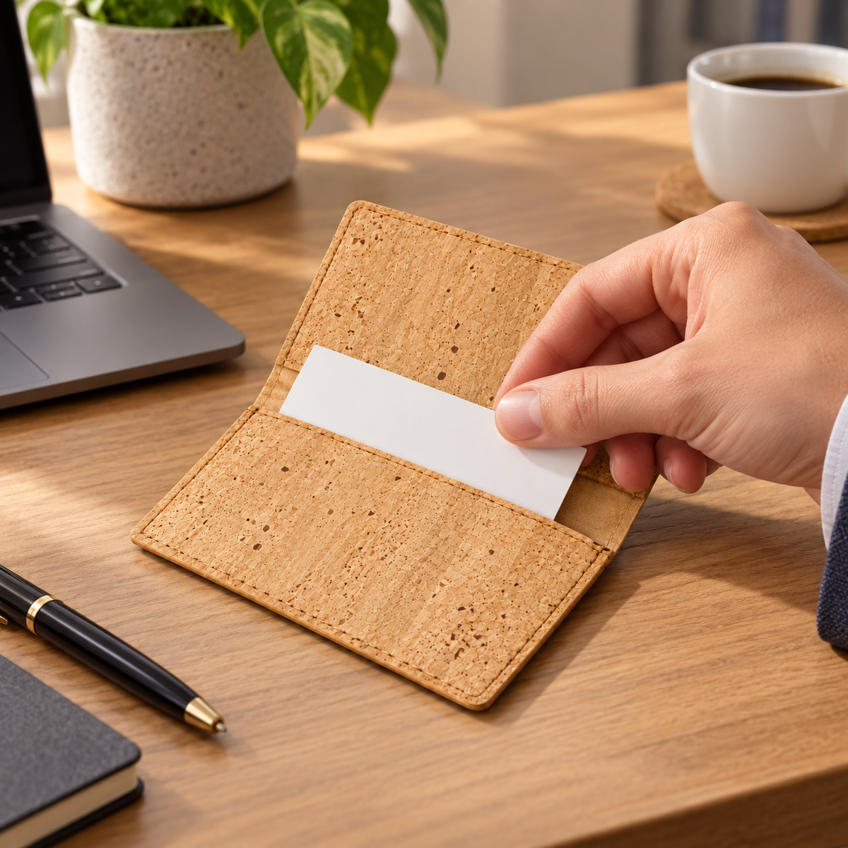 Cork Business Card Holder Natural Finish — business card being inserted in an office setting