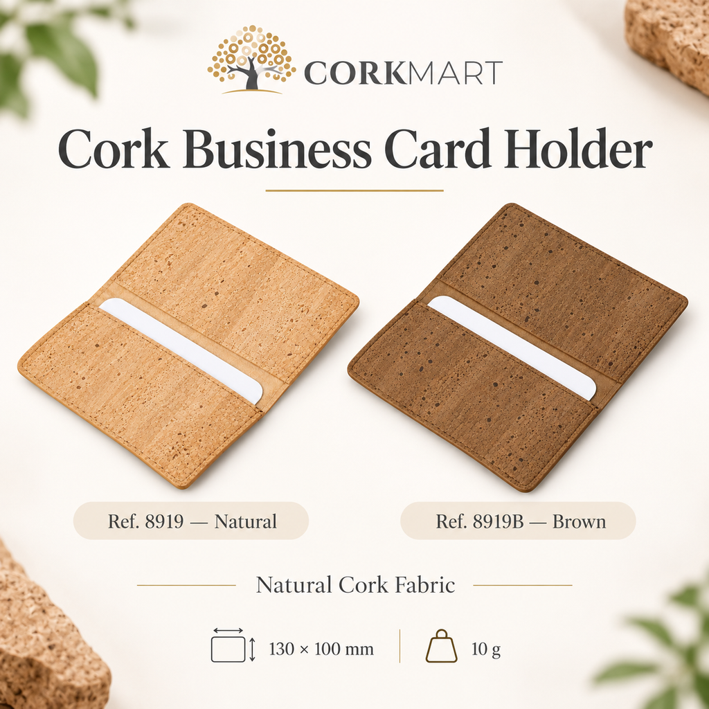 CorkMart infographic — Business Card Holder Natural Ref. 8919 and Brown Ref. 8919B, 130 × 100 mm, 10 g