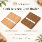 CorkMart infographic — Business Card Holder Natural Ref. 8919 and Brown Ref. 8919B, 130 × 100 mm, 10 g