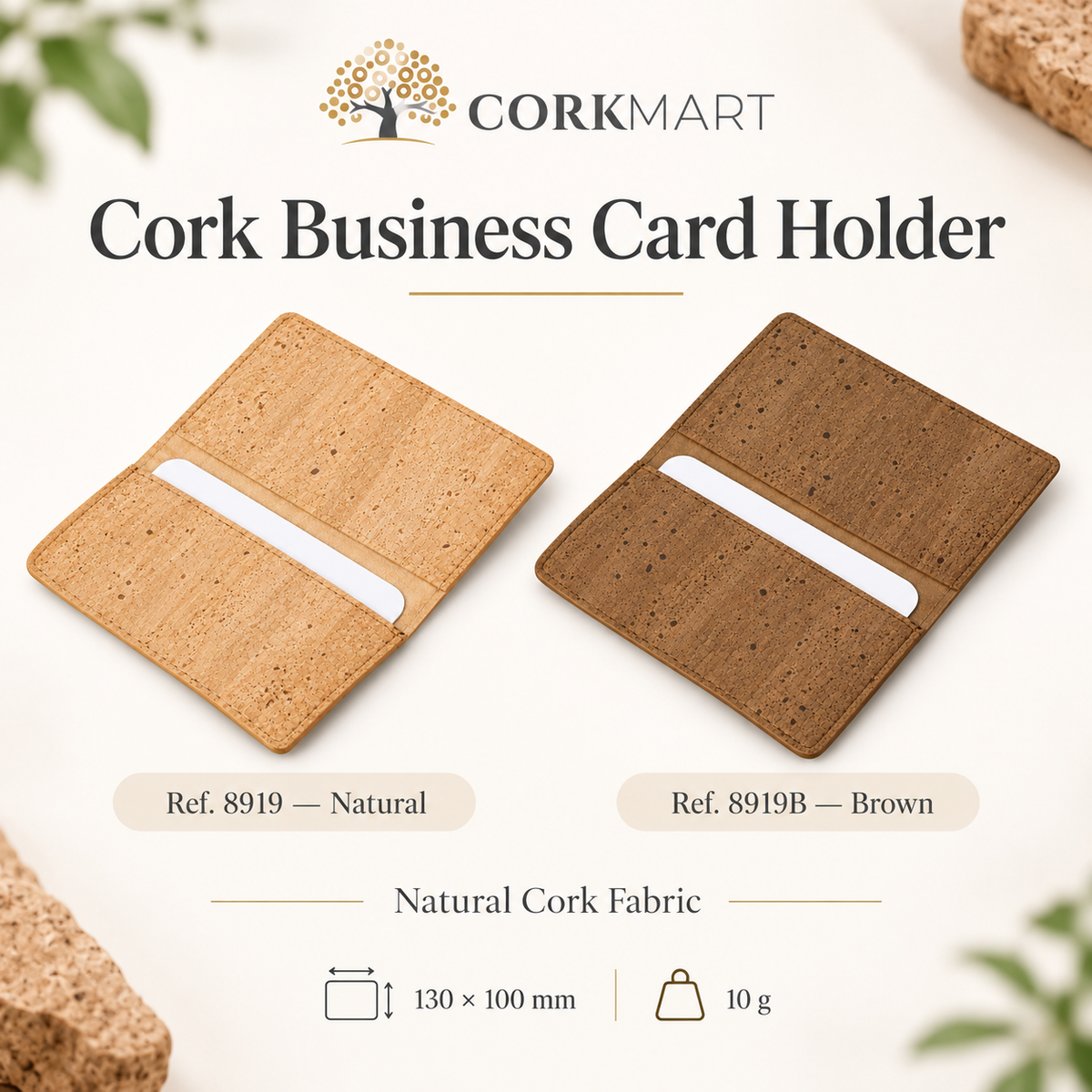CorkMart infographic — Business Card Holder Natural Ref. 8919 and Brown Ref. 8919B, 130 × 100 mm, 10 g