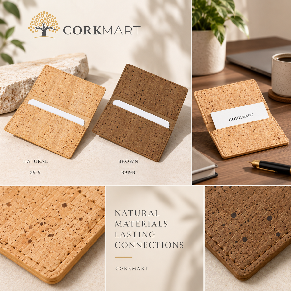 CorkMart editorial collage — Business Card Holder Natural and Brown finishes