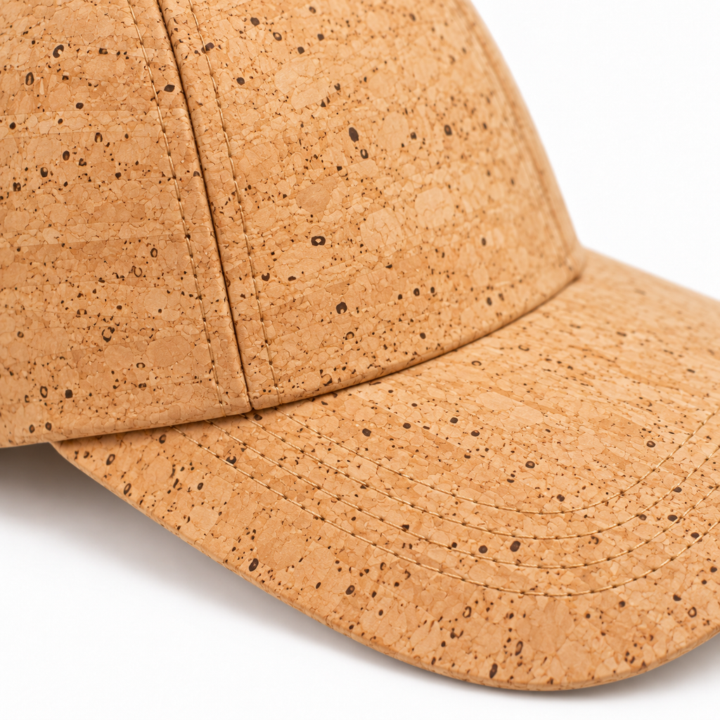 Cork Cap Natural — macro detail of cork fabric, stitching and curved brim