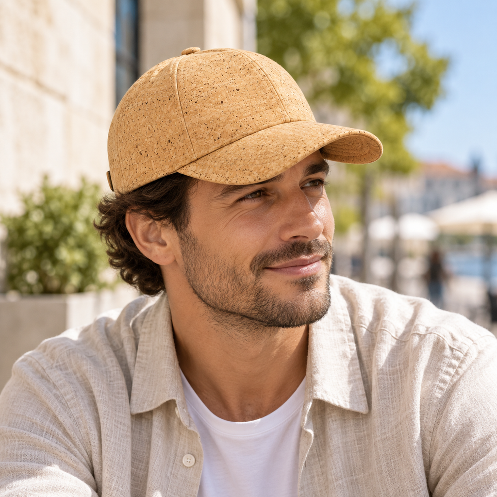 Cork Cap Natural — worn outdoors in an everyday lifestyle setting