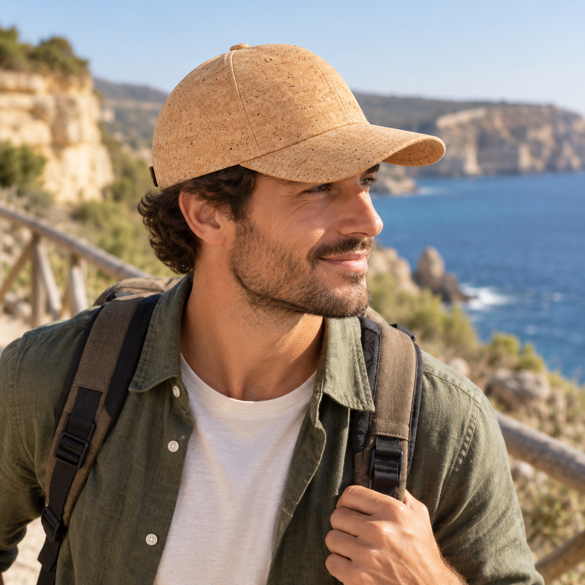 Cork Cap Natural — worn on a coastal outdoor walk