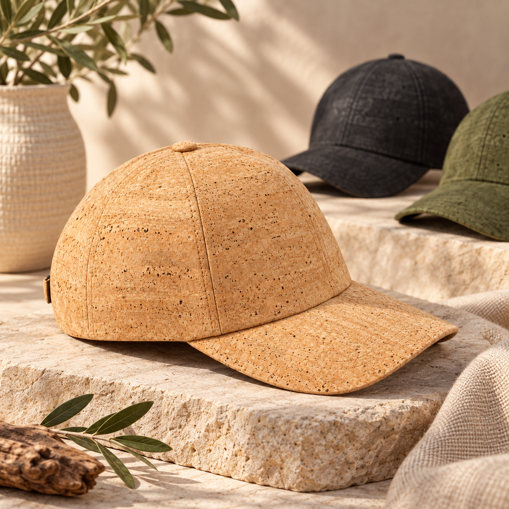 Cork Cap collection — premium lifestyle composition with Natural, Black and Green variants