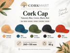CorkMart infographic — Cork Cap Natural, Blue, Green, Black and Red; overall product dimensions 260 × 130 mm; weight 80 g