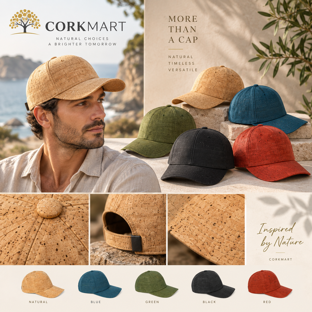 CorkMart editorial collage — Cork Cap collection in Natural, Blue, Green, Black and Red