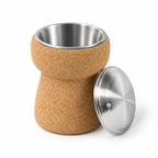 Cork Champagne cooler, angled studio view showing tall cork body, metal insert and separate lid