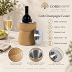 Cork Champagne cooler infographic with Ø160 × H230 mm dimensions, 630 g weight, cork material, metal insert and lid, Made in Portugal