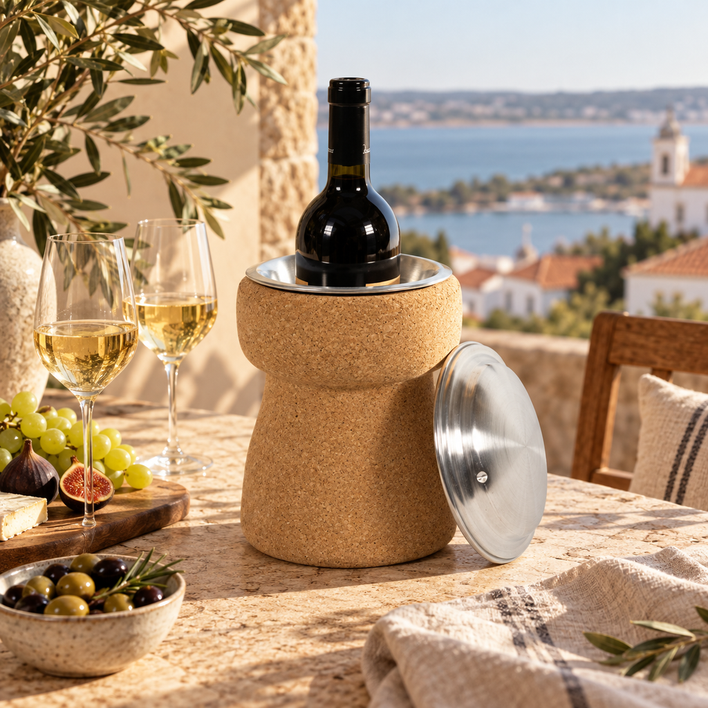 Cork Champagne cooler with bottle and metal lid in a warm Mediterranean lifestyle setting